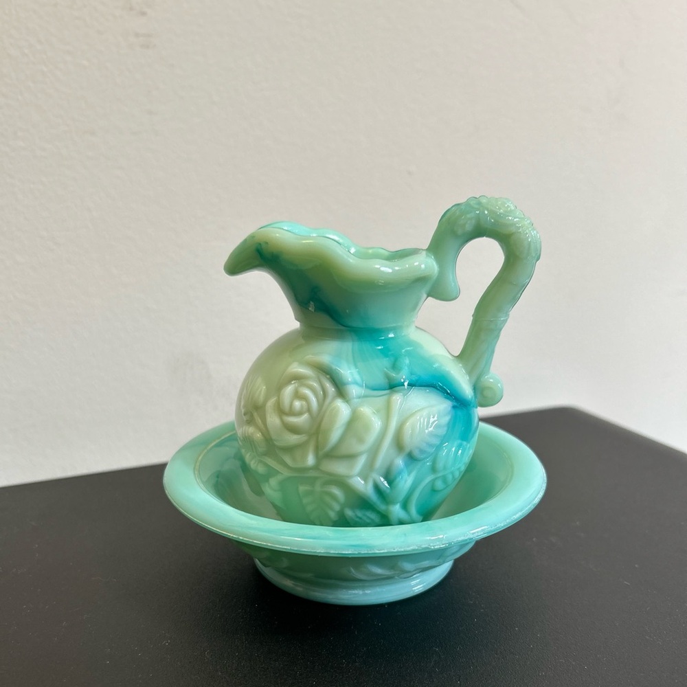 Vintage Avon Green Slag Glass Pitcher & Basin Vanity Set